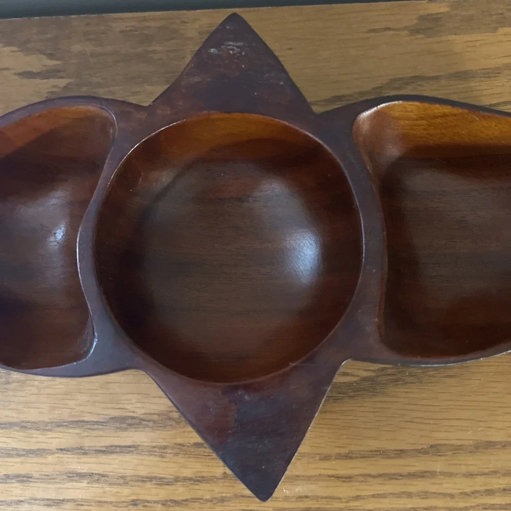 Vintage Solid Wood Bowl Divided Nut Dish Coin Tray Geometric MCM‎ Rare Shape